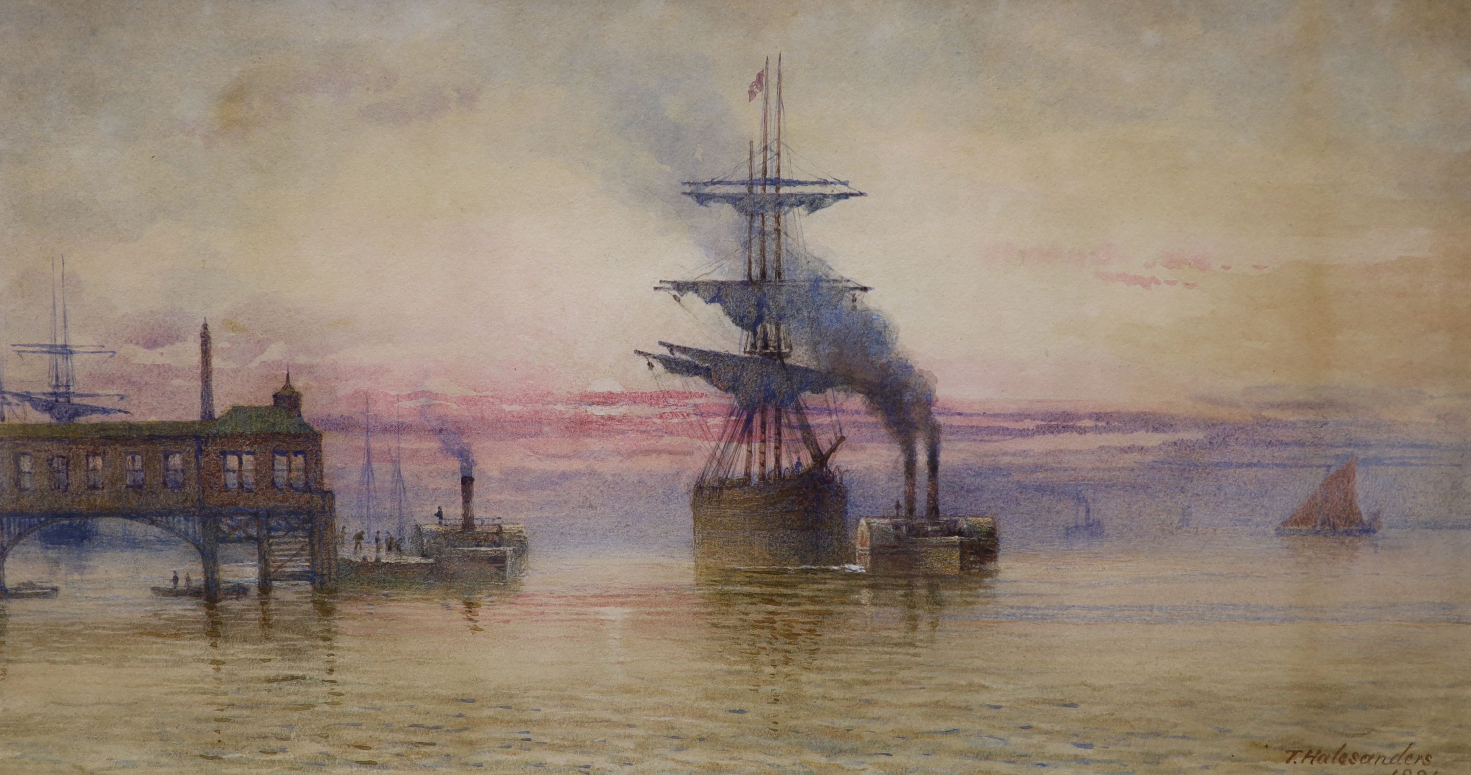 Thomas Hale Sanders (fl.1880-1906), watercolour, ships along the coast, signed and dated 1881, 27 x 50cm